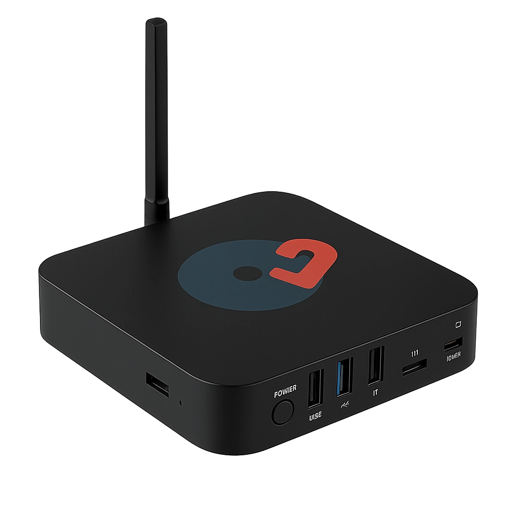 ME·J hardware player - sleek black device with antenna and multiple ports for in-store music streaming