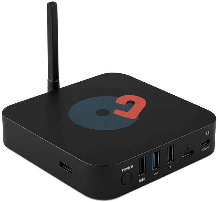 A compact off-the-shelf Android media box with antenna, USB and HDMI ports