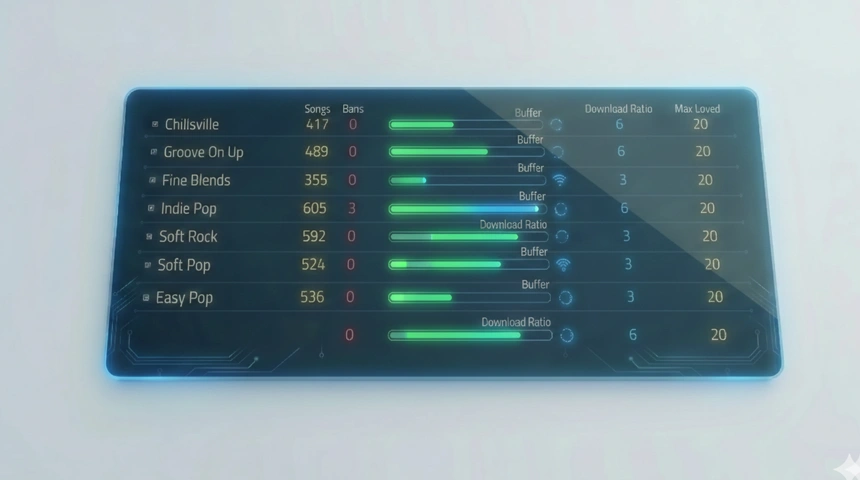 Holographic dashboard showing channel configurations with genre names and mixing parameters