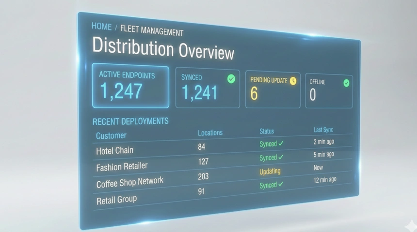 Holographic fleet management dashboard showing active end-points, sync status, and recent deployments