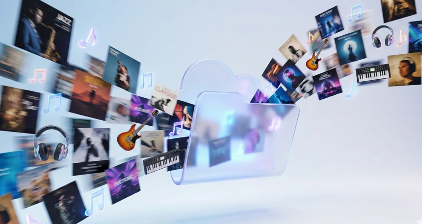 Music albums, genre artwork, and instruments streaming into a glowing cloud storage folder