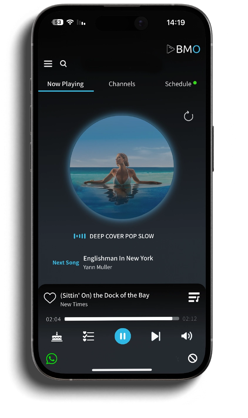 BMO branded music player showing modern dark interface